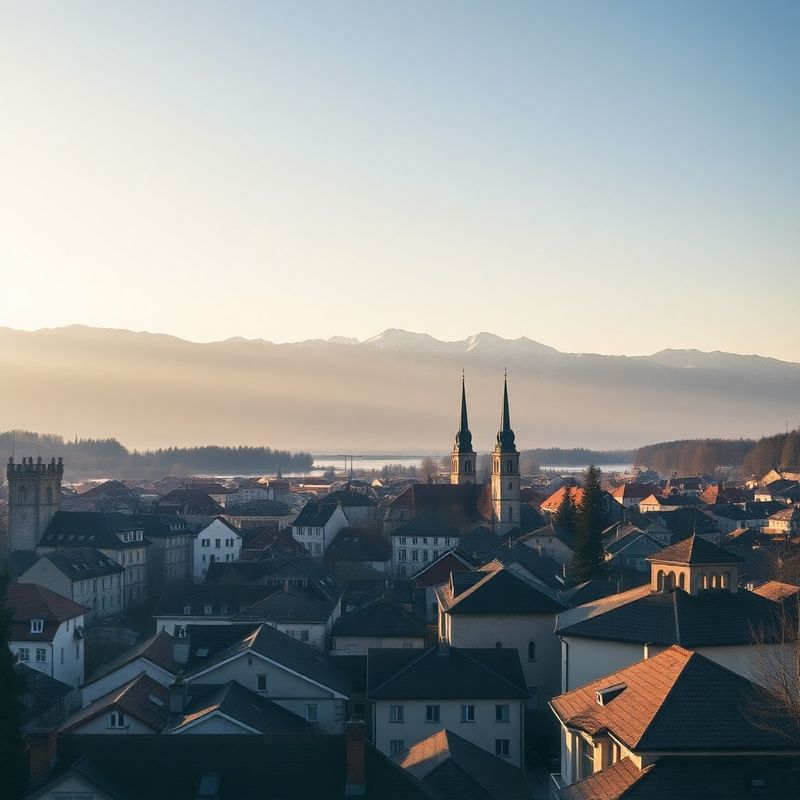 Pogled na staro mestno jedro Kranja z alpskim ozadjem